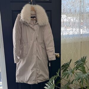 Kenneth Cole Long Ivory Faux Fur-Trim Collar Hood Puffer Coat - Size Medium